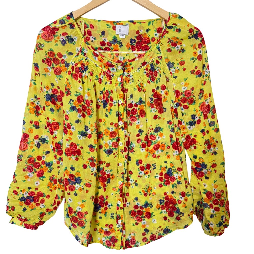 Anthropologie Postmark Top Size 0 Yellow Floral Cotton Blouse Buttondown Peasant